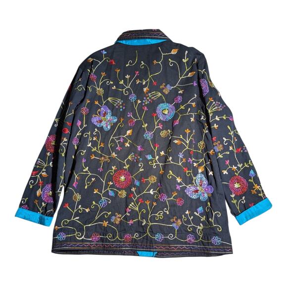 Vtg Y2K Quacker Factory Black Floral Butterfly Embroidered Bead Cotton Jacket M - Picture 2 of 5